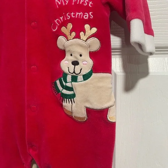 Sears Baby Red ‘My First Christmas’ Reindeer One Piece Hood Ears - Picture 2 of 5